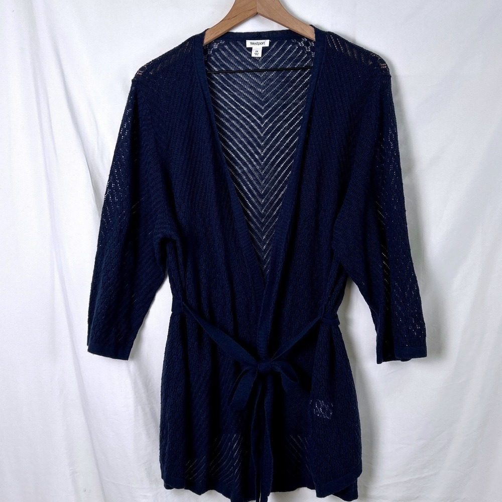 Westport Womens Cardigan Navy Blue Size 2X Tie Waist 3/4 Sleeve Lightweight